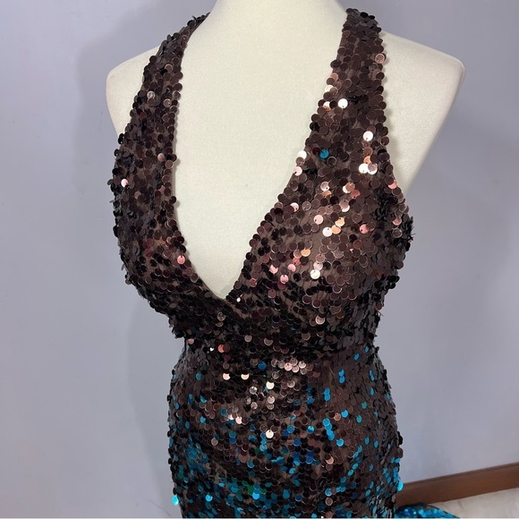 Jovani turquoise beaded halter sequin prom dress Y2K evening gown pageant dress - Picture 5 of 17